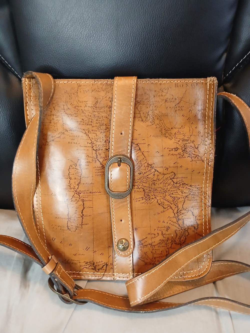 Patricia Nash Brown Leather Crossbody Bag with World Map Detail